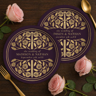 Gold Eggplant Royal Medieval Sword Wedding  Paper Plate