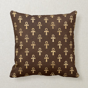 Gold Egyptian Ankh on Brown Throw Pillow
