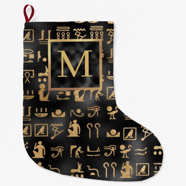 Gold Egyptian Hieroglyphics on Black Monogram Large Christmas Stocking (Front)