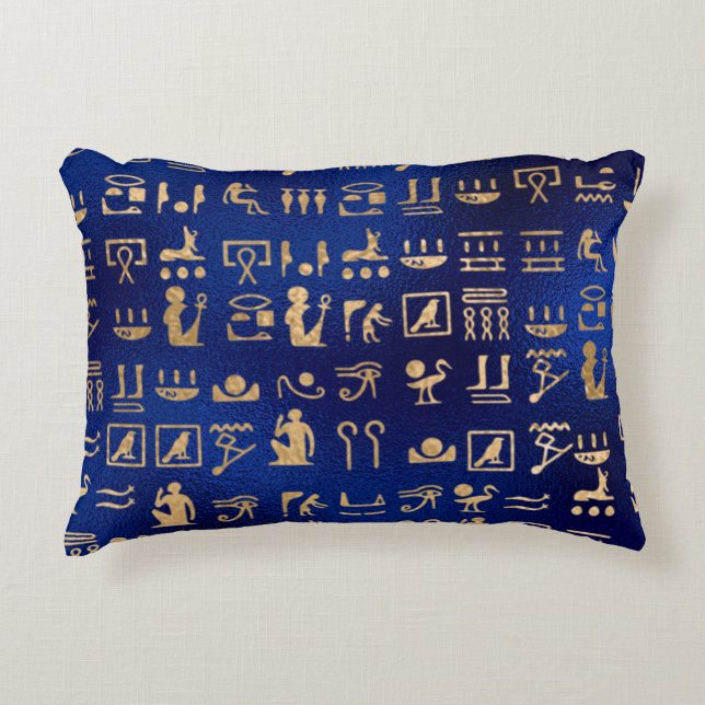 Gold Egyptian Hieroglyphics on Blue Accent Pillow (Front)