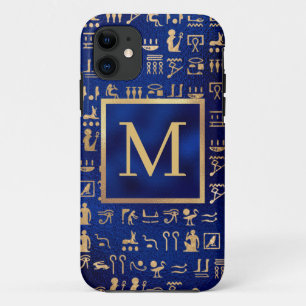 Gold Egyptian Hieroglyphics on Blue Intial iPhone 11 Case