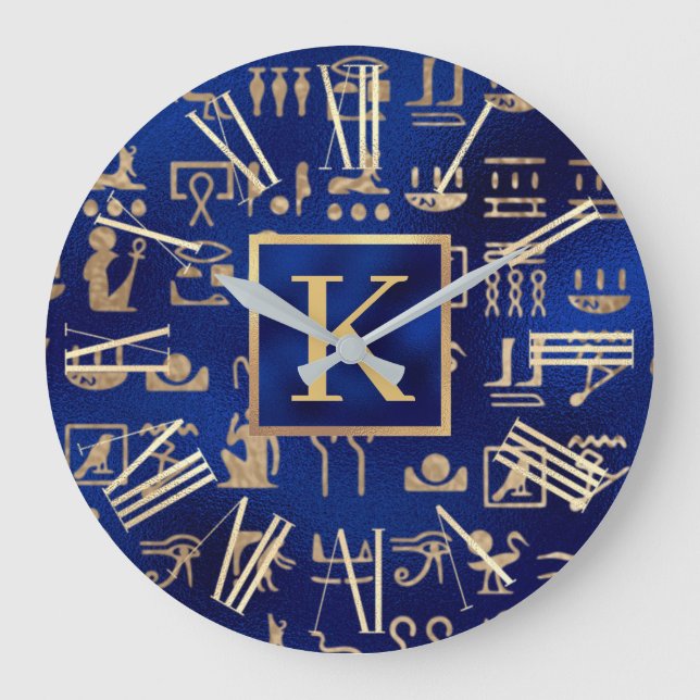 Gold Egyptian Hieroglyphics on Blue Intial Large Clock (Front)