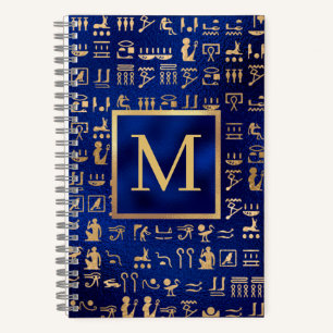 Gold Egyptian Hieroglyphics on Blue Intial Notebook