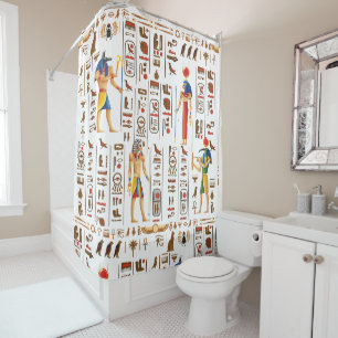 Gold Egyptian hieroglyphs and deities on black