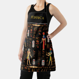 Gold Egyptian hieroglyphs and deities on black Apron