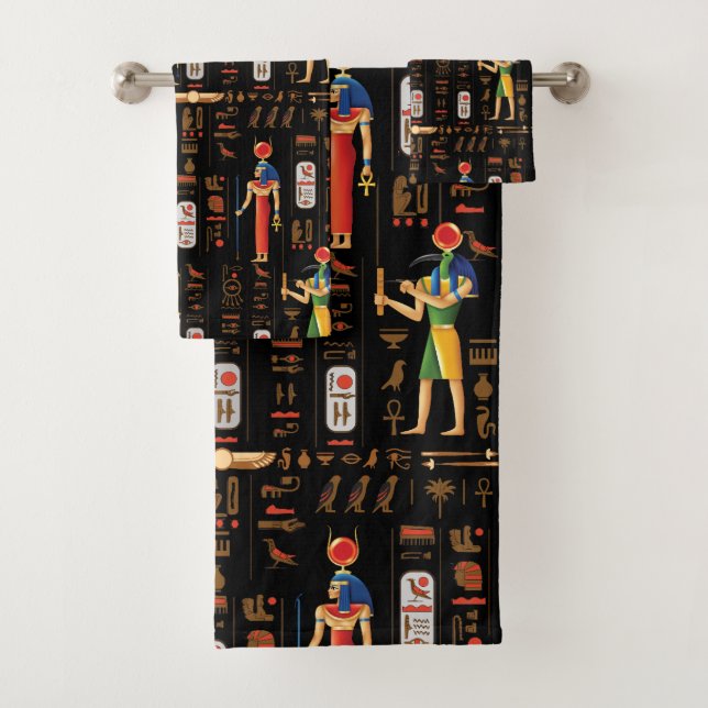 Gold Egyptian hieroglyphs and deities on black  Bath Towel Set (Insitu)