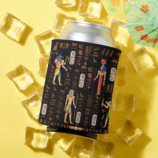 Gold Egyptian hieroglyphs and deities on black Can Cooler (In Situ Summer)
