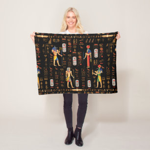 Gold Egyptian hieroglyphs and deities on black   Fleece Blanket