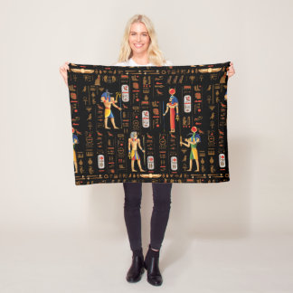 Gold Egyptian hieroglyphs and deities on black   Fleece Blanket