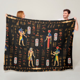 Gold Egyptian hieroglyphs and deities on black  Fleece Blanket