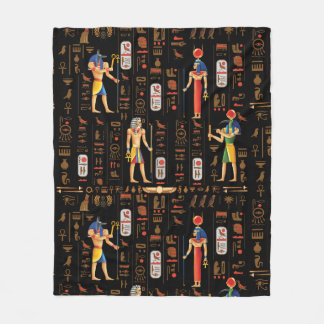 Gold Egyptian hieroglyphs and deities on black  Fleece Blanket