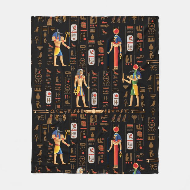 Gold Egyptian hieroglyphs and deities on black  Fleece Blanket (Front)
