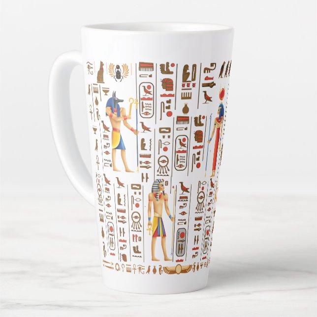 Gold Egyptian hieroglyphs and deities on black Latte Mug (Left Angle)