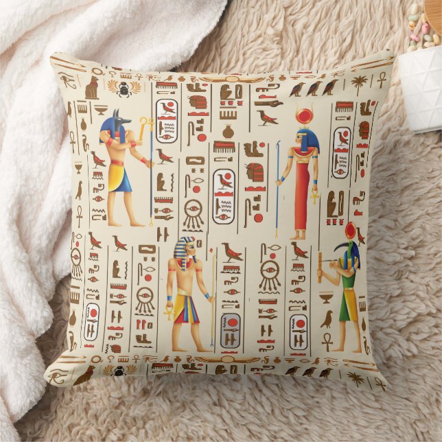 Gold Egyptian hieroglyphs and deities on papyrus Throw Pillow (Blanket)