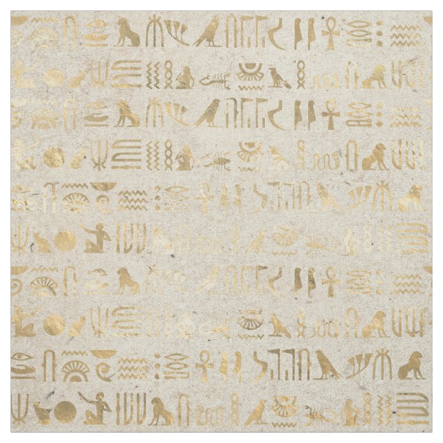 Gold Egyptian Hieroglyphs on Ivory Fabric (Swatch)