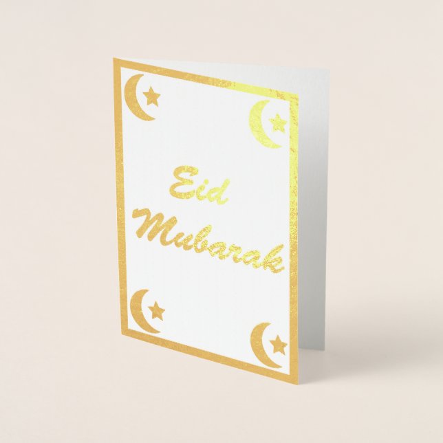 Gold Eid Mubarak Eid al Fitr Crescent Moon Stars Foil Card (Front)