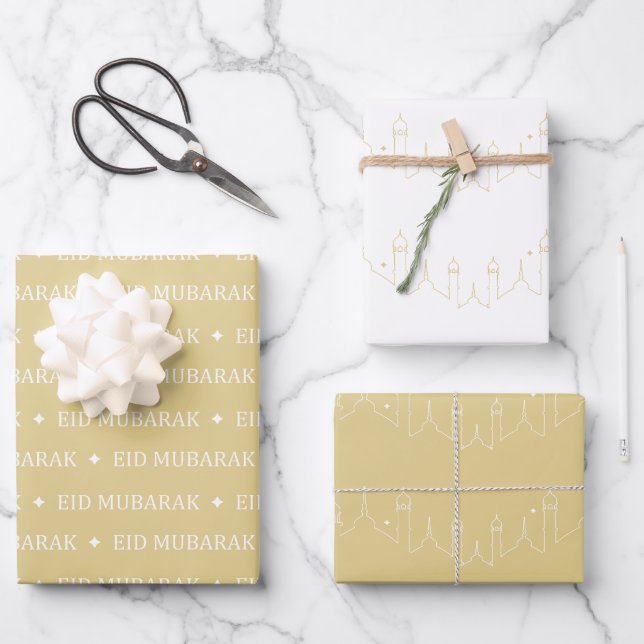 Gold Eid Mubarak Masjid Pattern Design Wrapping Paper Sheet (Front)