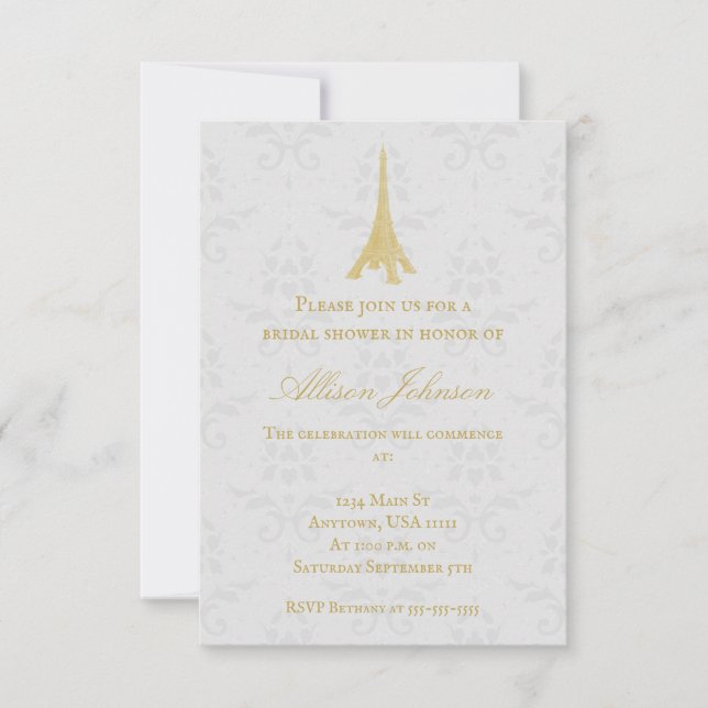 Gold Eiffel Tower Damask Bridal Shower Invite (Front)