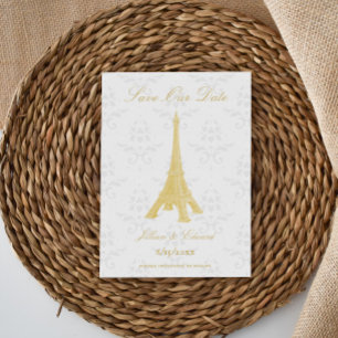 Gold Eiffel Tower Damask Save The Date Announcement