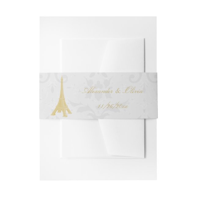Gold Eiffel Tower Damask Wedding Invite Invitation Belly Band (Front Example)