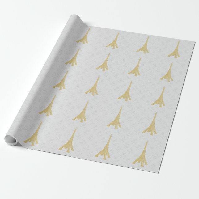 Gold Eiffel Tower Damask Wedding Wrapping Paper (Unrolled)