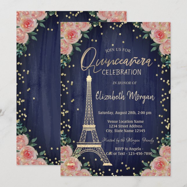 Gold Eiffel Tower Diamonds Flowers Quinceañera Invitation (Front/Back)