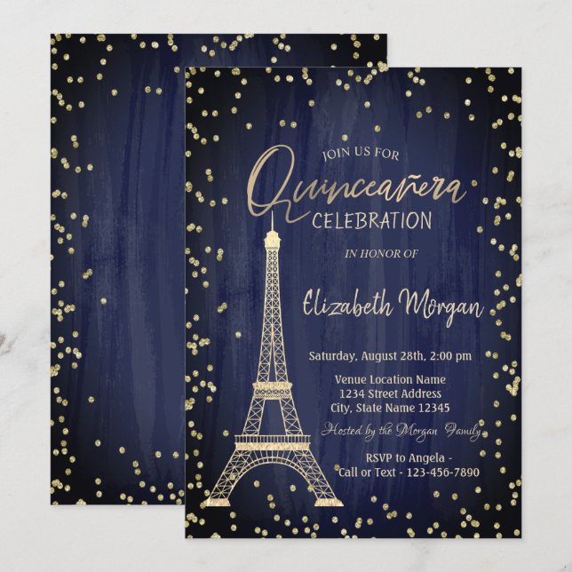 Gold Eiffel Tower Diamonds Navy Blue Quinceanera Invitation (Front/Back)