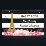 Gold Eiffel Tower Floral Girl Kids Birthday Party Banner<br><div class="desc">(1) For further customization,  please click the "Customize" button and use our design tool to modify this template. The colour of black stripes are changeable. 
(2) If you need help or matching items,  please contact me.</div>