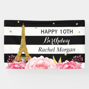 Gold Eiffel Tower Floral Girl Kids Birthday Party Banner