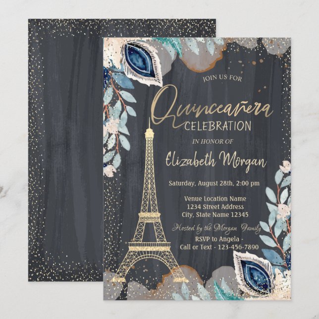 Gold Eiffel Tower,Flowers,Black Quinceañera Invitation (Front/Back)