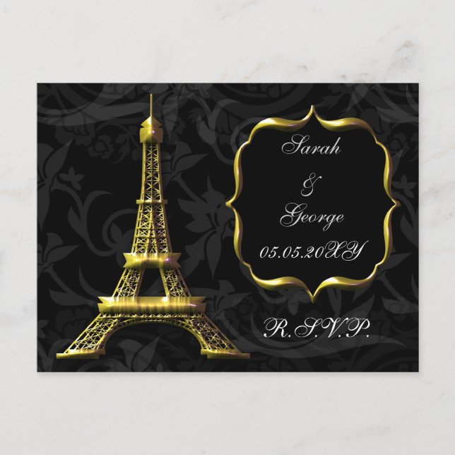 Gold Eiffel tower French Wedding rsvp Invitation Postcard (Front)