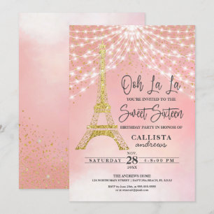 Gold Eiffel Tower Glitter Sparkles Lights Sweet 16 Invitation