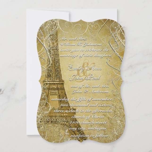 Gold Eiffel Tower Swirl Leaves  Invitation (Front)