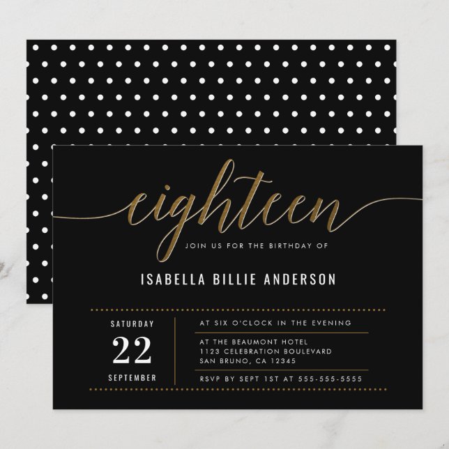 Gold Eighteen Script Birthday Party Invitations (Front/Back)