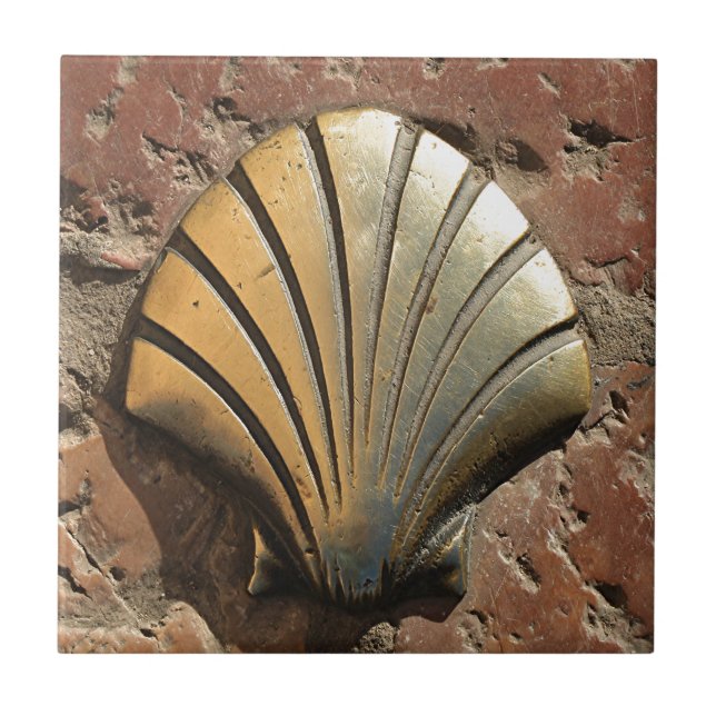 Gold El Camino shell sign, pavement, Leon, Spain Tile (Front)