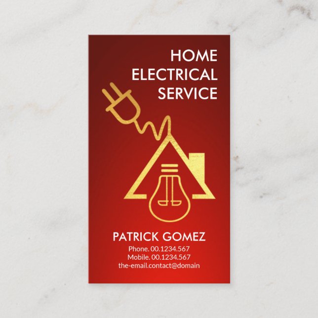Gold Electric Power Plug Home Bulb Electrician Business Card (Front)