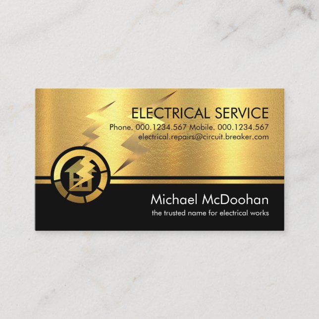 Gold Electrical Lightning Bolts Electrician Business Card (Front)