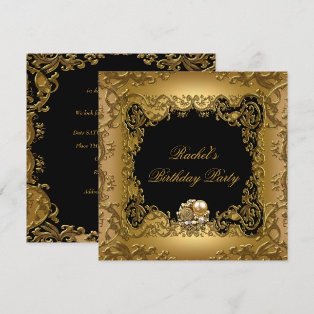 Gold Elegant Black Gold Birthday Party Jewel Invitation (Front/Back)