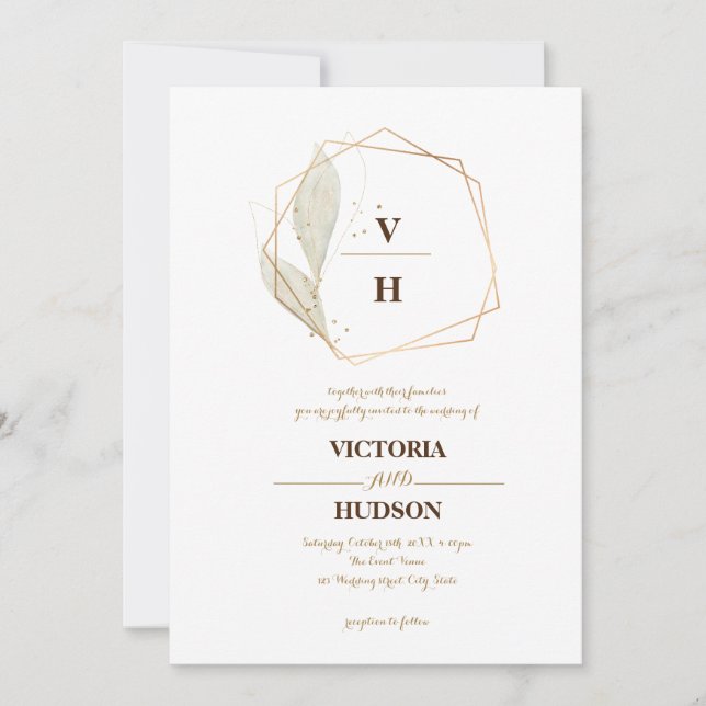 Gold elegant botanical crest monogram invitation (Front)