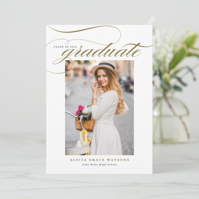 Gold Elegant Calligraphy Photo Graduation Announcement (Standing Front)