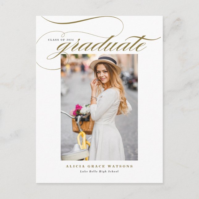 Gold Elegant Calligraphy Photo Graduation Invitation Postcard (Front)