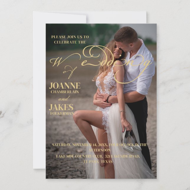 Gold elegant calligraphy photo wedding invitation (Front)