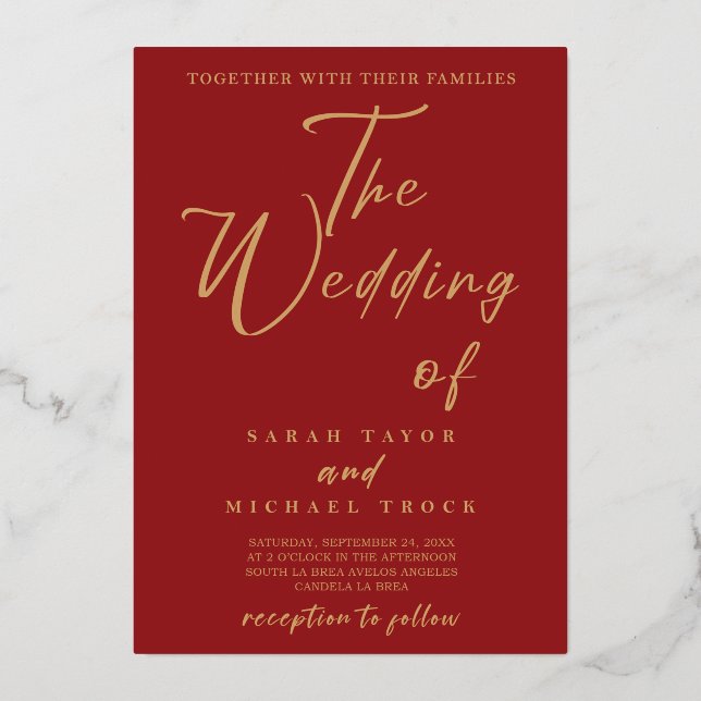 Gold Elegant calligraphy | Red Wedding invitation (Front)