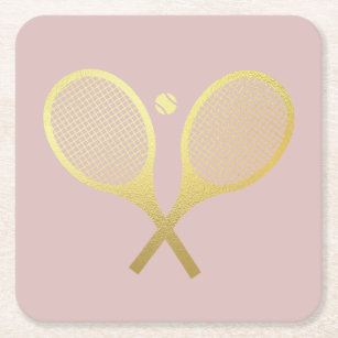 Gold Elegant Chic Classic Tennis Racquets Ball  Square Paper Coaster