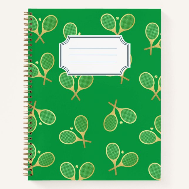 Gold Elegant Classic Tennis Racquets Ball Name  Notebook (Front)