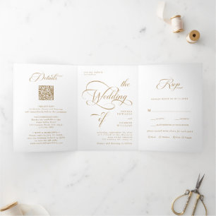 Gold Elegant Classy Calligraphy Wedding Tri-Fold Invitation