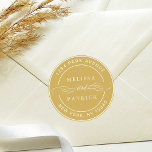 Gold Elegant Couple Names Wedding Return Address Classic Round Sticker<br><div class="desc">Yellow gold and white elegant round sticker with your names and return address.</div>