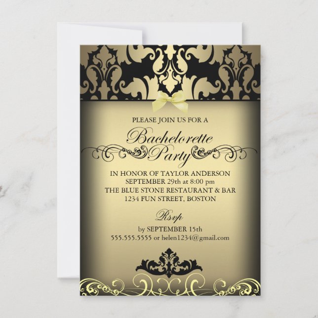 Gold Elegant Damask Bachelorette Party Invite (Front)