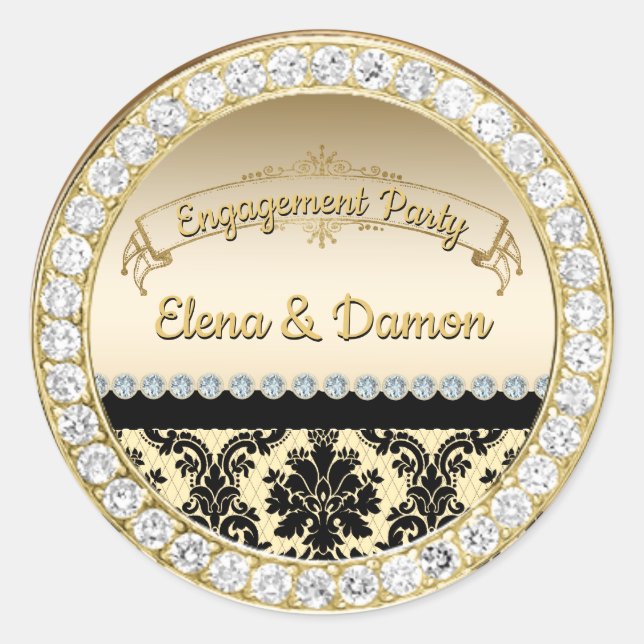Gold Elegant Damask & Diamonds Engagement Party Classic Round Sticker (Front)