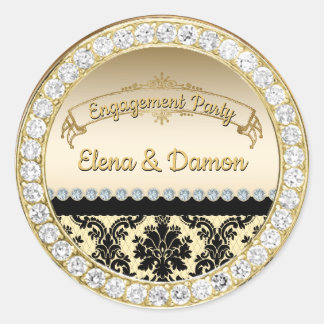 Gold Elegant Damask & Diamonds Engagement Party Classic Round Sticker